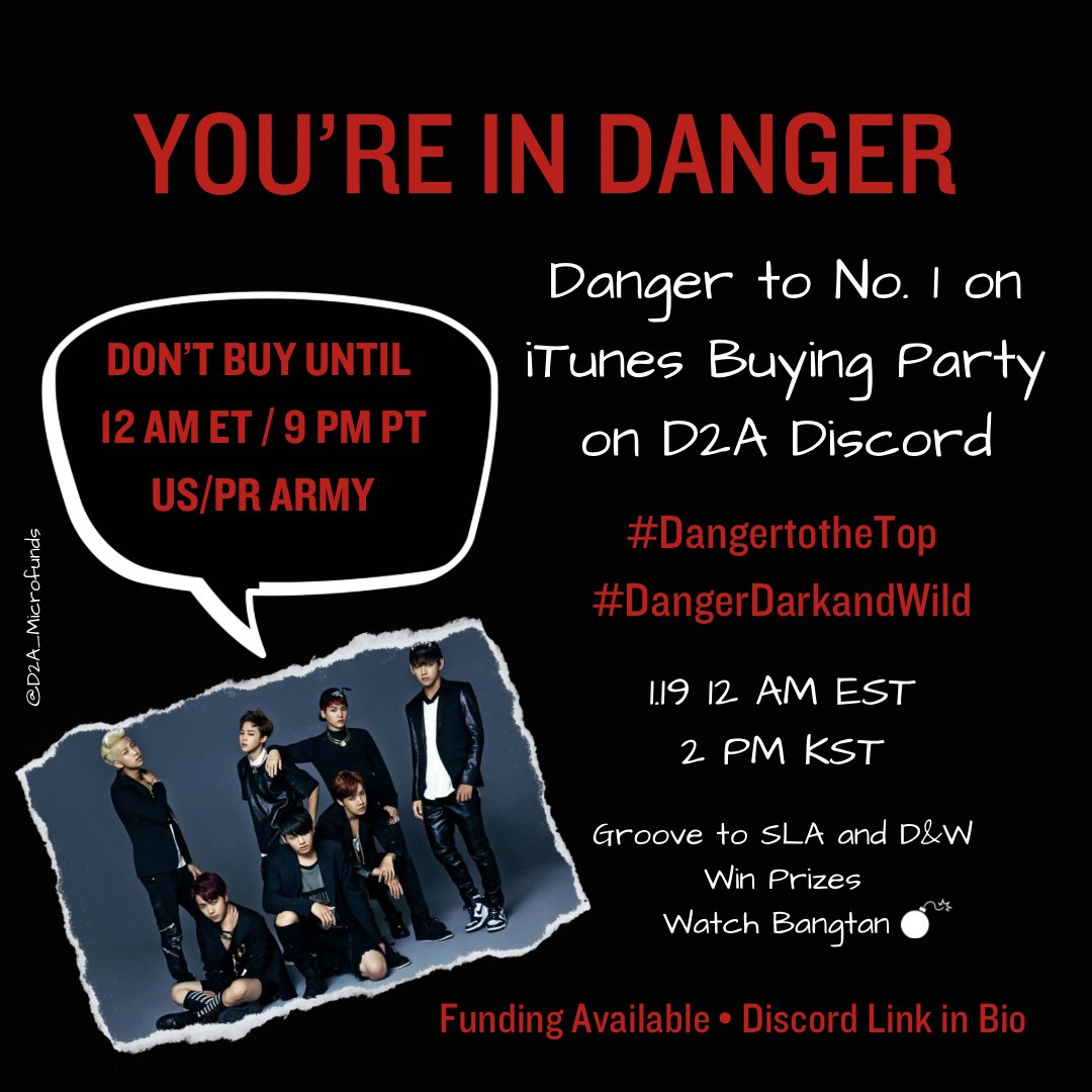 D2A_MicroFunds's tweet photo. Join us tonight on Discord to push Danger to No. 1 on iTunes! Jam to Skool Luv Affair and Dark &amp; Wild, watch 2014 Bangtan Bombs and classic performances, and buy BTS music! 💜

US PR ARMY come get 💸 to buy Danger and a chance to win 🎁 
Discord invite: https://t.co/eDaZcuhNaf https://t.co/RUAa97KCYP