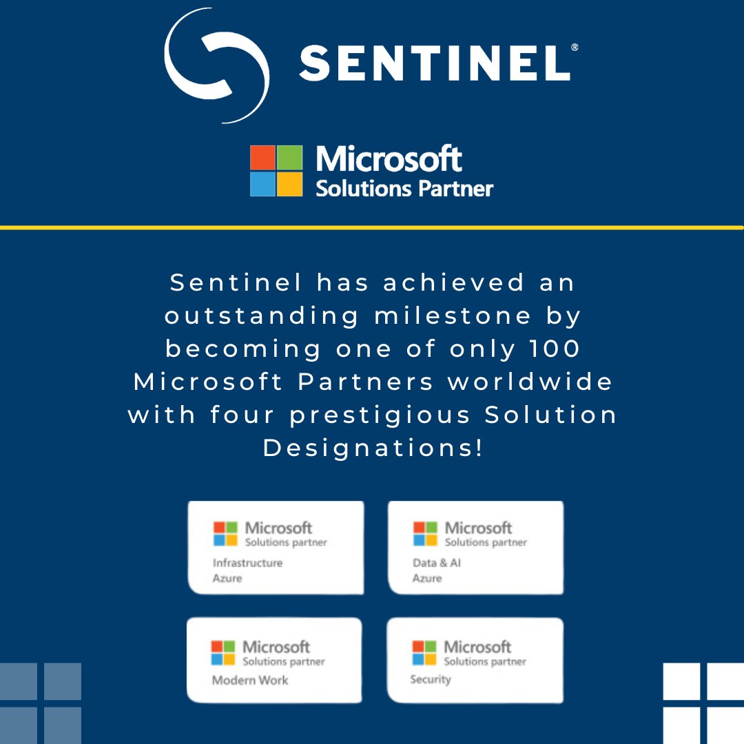 Sentinel has hit a remarkable milestone, becoming one of only 100 Microsoft Partners worldwide with four prestigious Solution Designations! 🏆✨ 
Grateful for the journey, and here's to many more milestones ahead! 🎉 

#SentinelTechnologies
#MicrosoftSolutionDesignations