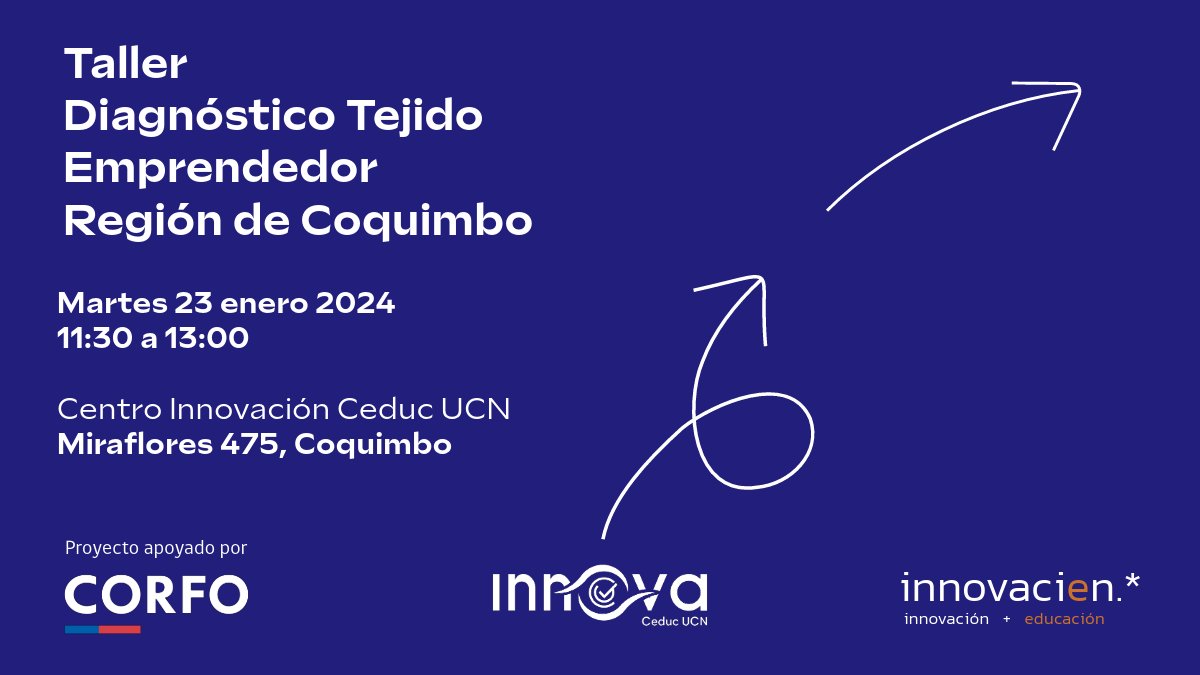 👀¿Eres representante gremial o empresarial del #emprendimiento de la Región de #Coquimbo?  📷Te invitamos a ser parte del Taller "Diagnóstico Tejido Emprendedor", que busca identificar las fortalezas, oportunidades, debilidades y amenazas al emprender en la región. 

Más info: