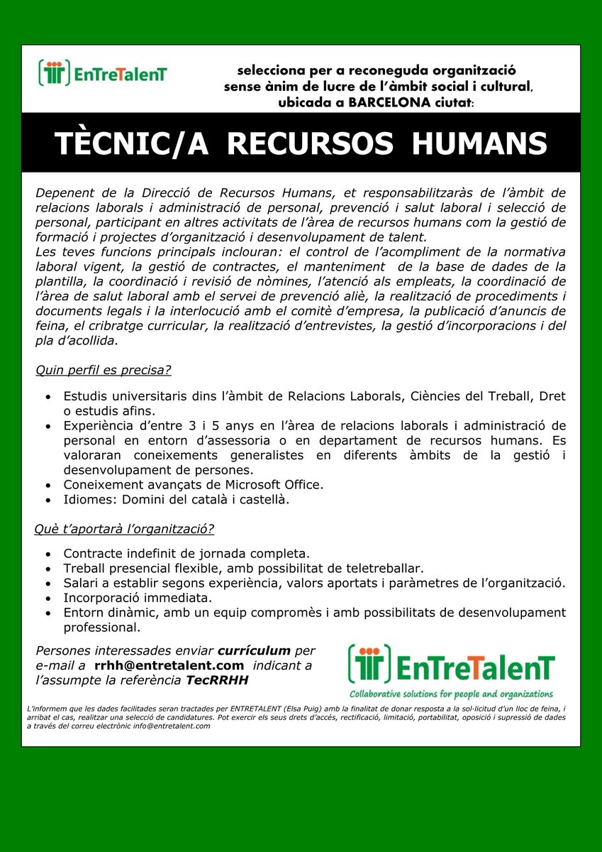 ENTRETALENT's tweet photo. ENTRETALENT selecciona TÈCNIC/A DE RECURSOS HUMANS #rrhh #BARCELONA ciutat #gestiópersonal
#factorial #relacionslaborals #comité #contractes #nòmines #feina #treball  #Catalunya #recursoshumans #talent #Laboral #prevenció #derecholaboral #relacioneslaborales https://t.co/5Y6opPJQ6J