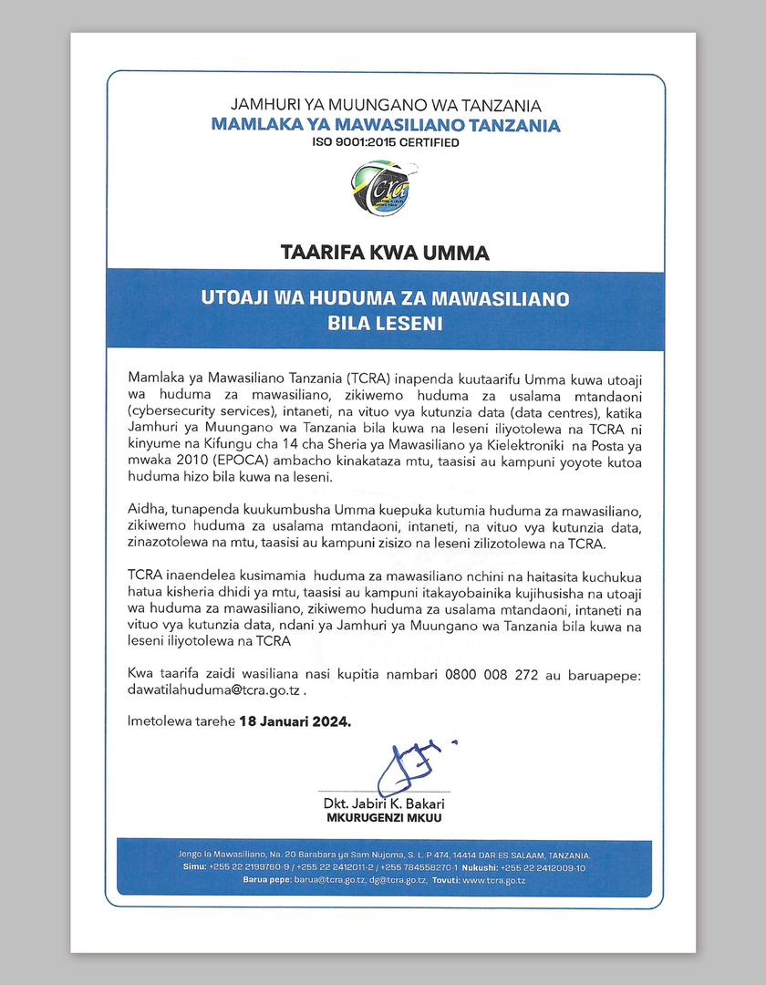 Eric__Bernard's tweet photo. Kutoka Mamlaka ya Mawasiliano Tanzania @TCRA_Tz

Taarifa kwa Umma: UTOAJI WA HUDUMA ZA MAWASILIANO BILA LESENI

#tcratz #cybersecurity #internet #isp #datacentre #licence #leseni https://t.co/z3i6VNylCy