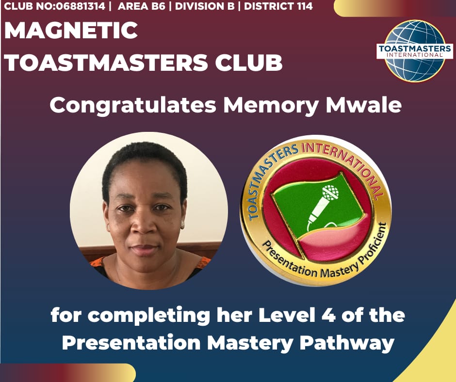 MagneticTMC's tweet photo. Congratulations, Memory Mwale, on completing your Level 4 in the Presentation Mastery Pathway! 🥳

Your dedication and commitment to sharpening your presentation skills are truly commendable. 👏🏾

Keep shining on your Toastmasters journey! 🌟💃🏾

#magnetictoastmastersclub https://t.co/oFir8cs2hW