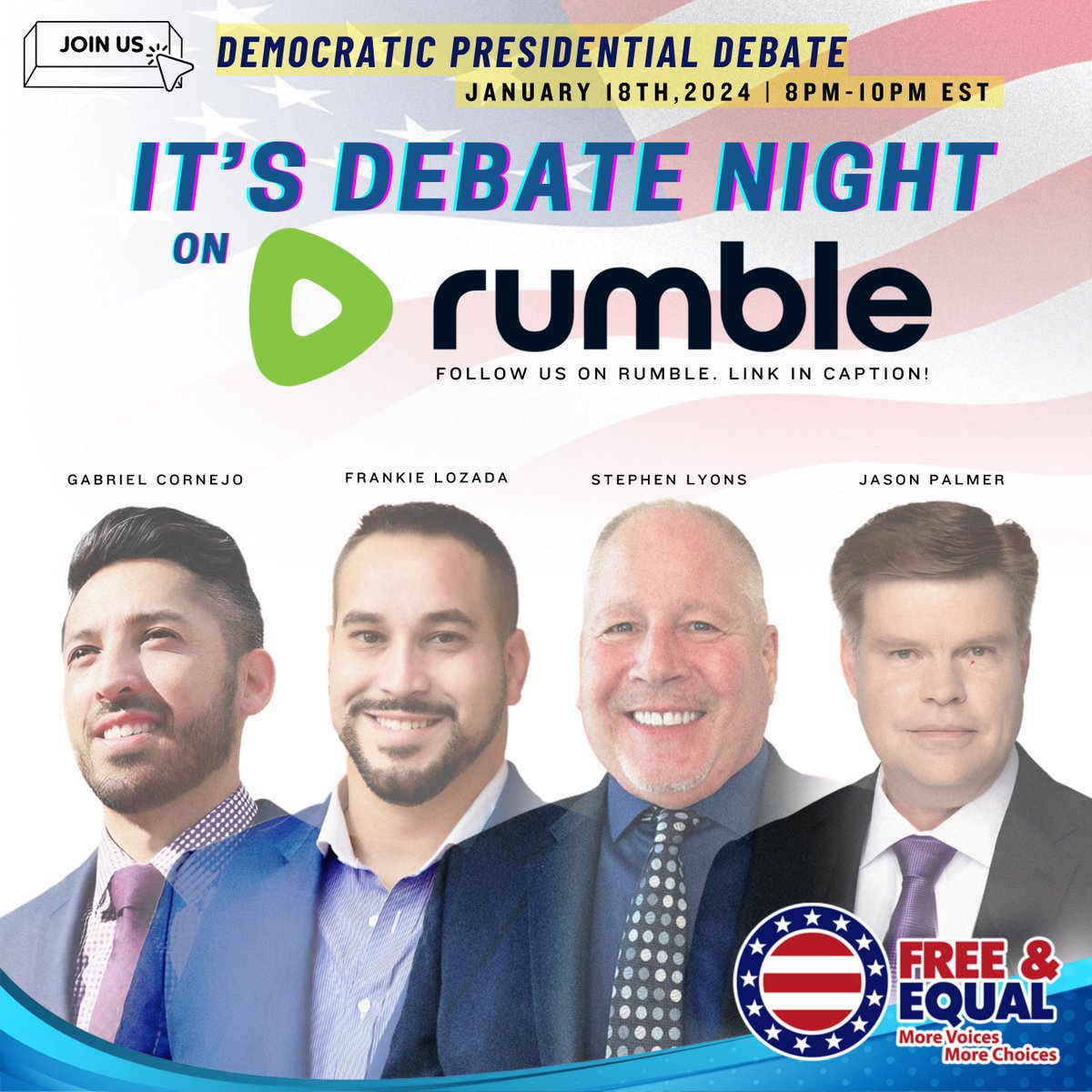 FreeandEqual's tweet image. Join the conversation that shapes our nation! 🗽🎤 
Tune in tonight at 8 PM EST for the National Democratic Debate in the heart of New York City, hosted by Free and Equal Elections. Democracy in action! 🇺🇸 #DemDebate #FreeAndEqual 

Follow Us on #Rumble: rumble.com/c/FreeAndEqual