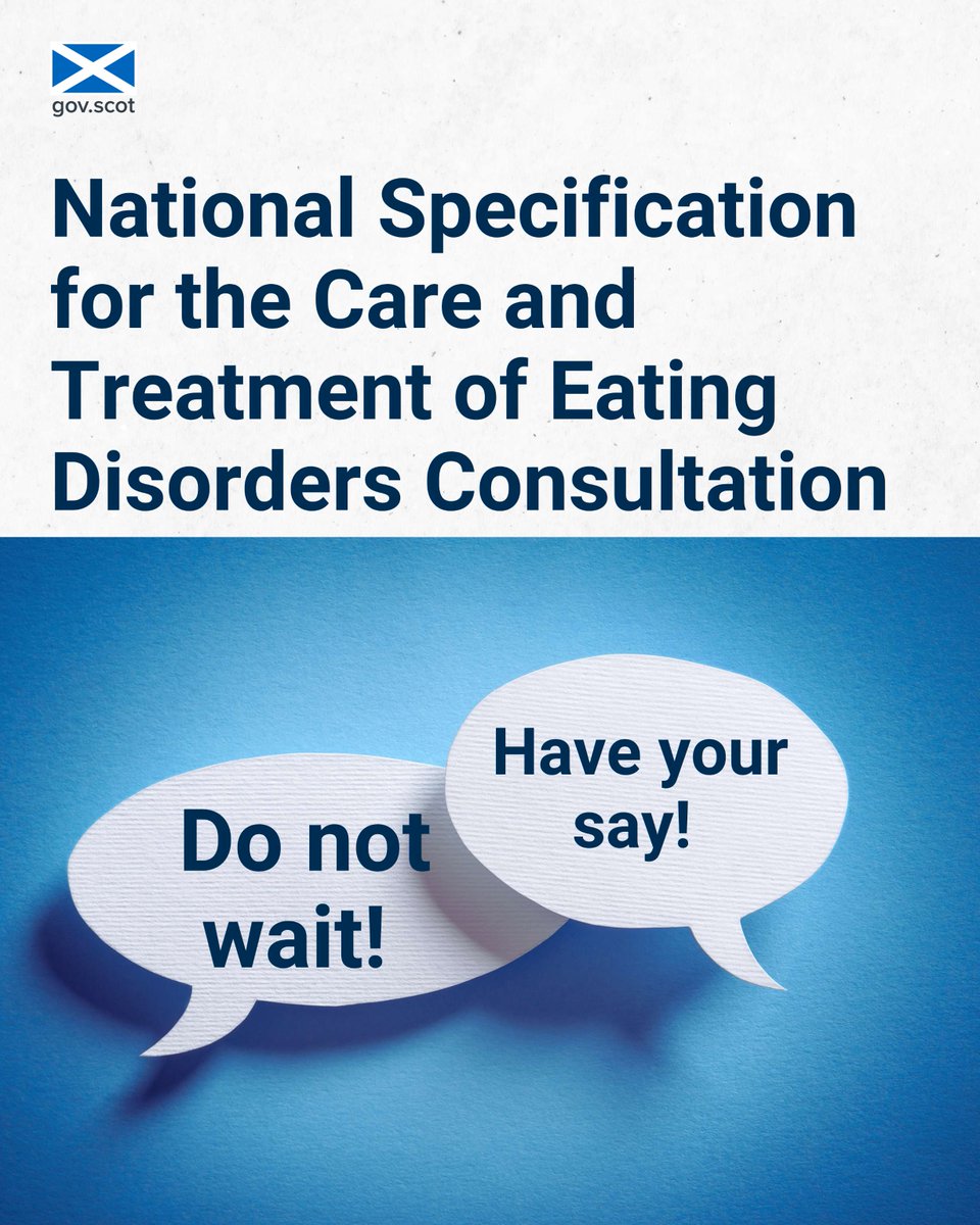 We are consulting on the national specification for the care and treatment of eating disorders in Scotland.

Your answers will help us improve the service provision for the delivery of person-centred, safe, and effective care.

Have your say by 26 Jan ➡️ ow.ly/ZI8a50QsecB