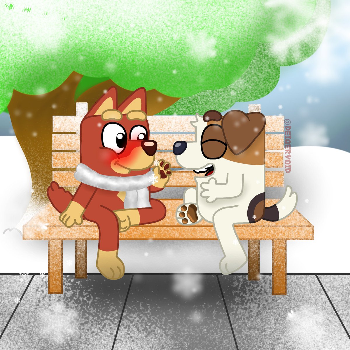 28Reyper's tweet photo. Paseando en el parque bajo la nieve, otro dibujo con el nuevo estilo jsjs 😼, q tal? #Bluey #blueyfanart #blueyart #jackxrusty https://t.co/Y18g6ZNvhW