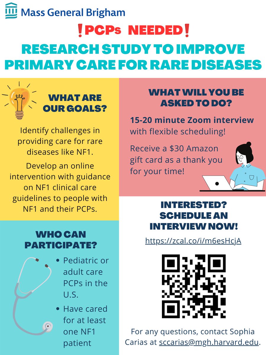 Calling all U.S. #primarycare clinicians - please help us improve care for rare diseases! We need your input on a new PCORI-funded online intervention for #neurofibromatosis patients and their families. Schedule a 15 minute call here: zcal.co/i/m6esHcjA #hcsm #HealthIT