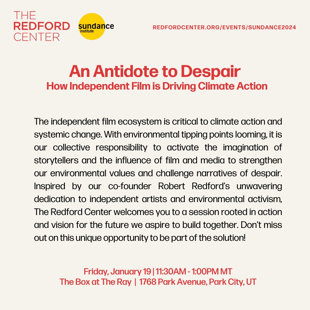 We’re excited to see you at our <a href="/sundancefest/">Sundance Film Festival</a> panel  tomorrow! If you’ll be in Park City, please join us at 11:30am MT. RSVP &amp; join our waitlist: redfordcenter.org/events/sundanc…

*Please note: RSVP does not serve as your official ticket. Seating is on a first come first serve basis.