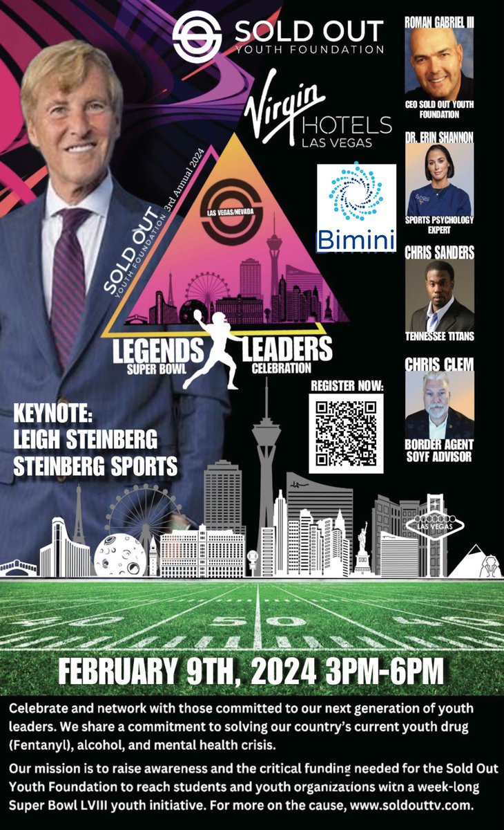Join me & my NFL Friends in #LasVegas for a party with a purpose ! 3rd Annual Legends & Leaders Super Bowl Celebration @VirginHotelsLV presented by #biminihydrotherapy benefiting @soldout41 Mission to protect children & families from killer poison #FENTANYL #savinglives #Crisis
