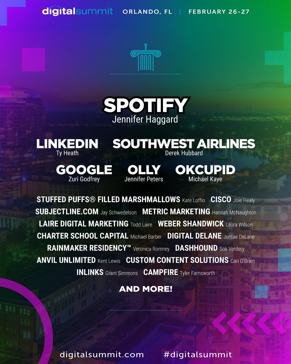 Industry leaders from top companies like Spotify, Google, and LinkedIn will share insights on the latest in #digitalmarketing at Digital Summit ORLANDO Feb 26-27. It's a chance to learn, connect, and explore the future of our field with the ones shaping it. Take the next step in…