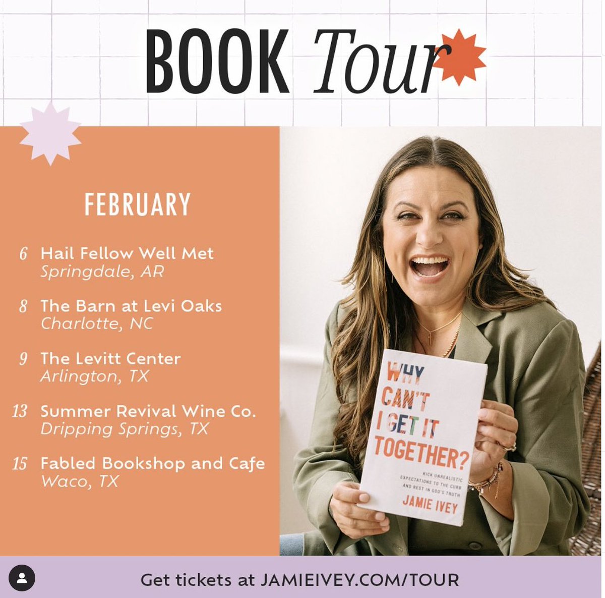 Our fabulous <a href="/twopr/">two|pr</a> author and host of the wildly popular "The Happy Hour" podcast, Jamie Ivey, is going on her book tour! Stop by and see her if you are in any of these cities. <a href="/HCChristianPub/">HarperCollins Christian Publishing</a> #WhyCantIGetItTogether #publishing #BookTour