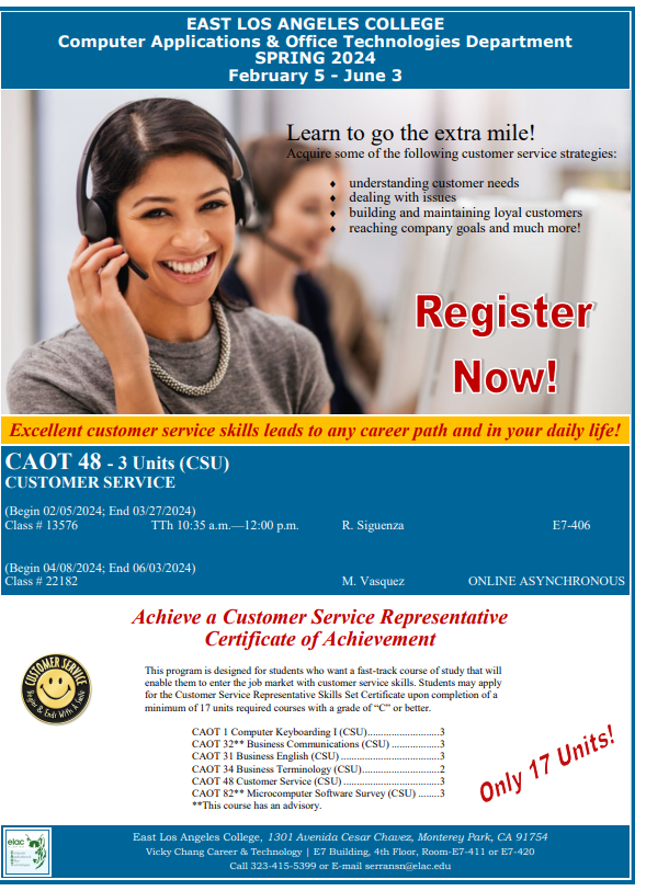 elaccaot's tweet photo. Enroll in CAOT courses for the Spring 2024 semester. Computer Applications, Logistics, and Int'l. Bus. are popular career choices that are trending in today's job market. Don't miss out and start your career path today. Read these flyers. https://t.co/Ivw2SGuEl6