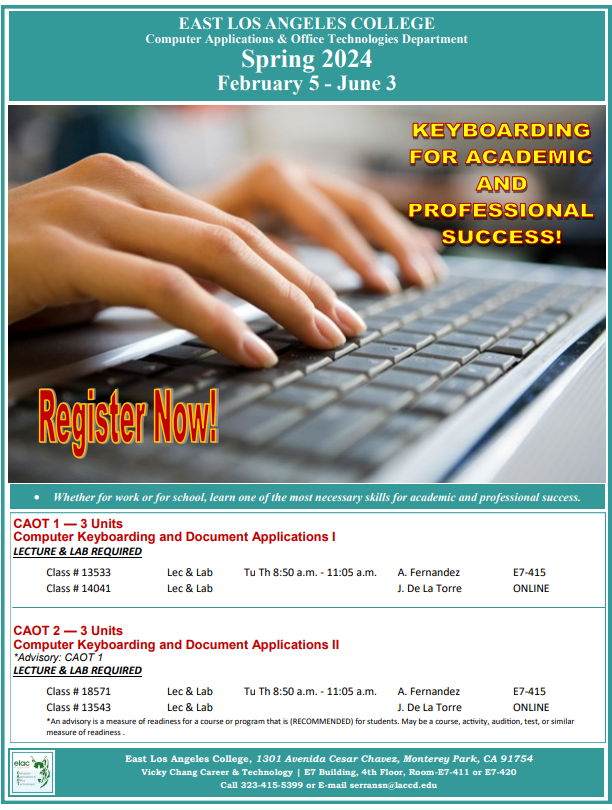 elaccaot's tweet photo. Enroll in CAOT courses for the Spring 2024 semester. Computer Applications, Logistics, and Int'l. Bus. are popular career choices that are trending in today's job market. Don't miss out and start your career path today. Read these flyers. https://t.co/Ivw2SGuEl6