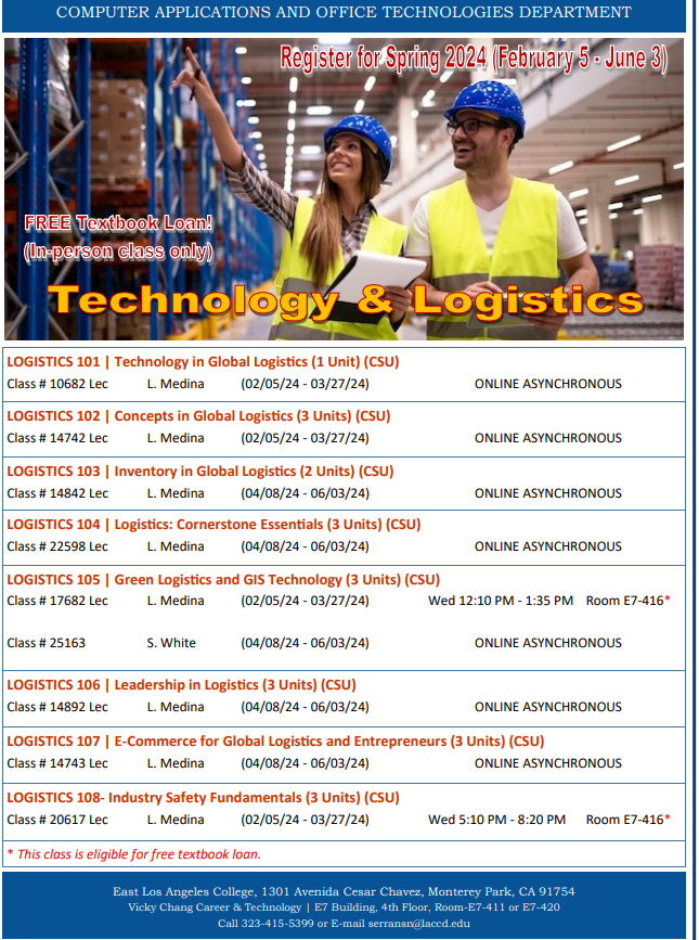 Enroll in CAOT courses for the Spring 2024 semester. Computer Applications, Logistics, and Int'l. Bus. are popular career choices that are trending in today's job market. Don't miss out and start your career path today. Read these flyers.