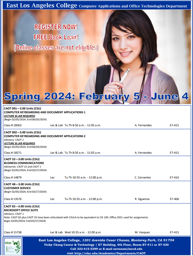 Enroll in CAOT courses for the Spring 2024 semester. Computer Applications, Logistics, and Int'l. Bus. are popular career choices that are trending in today's job market. Don't miss out and start your career path today. Read these flyers.