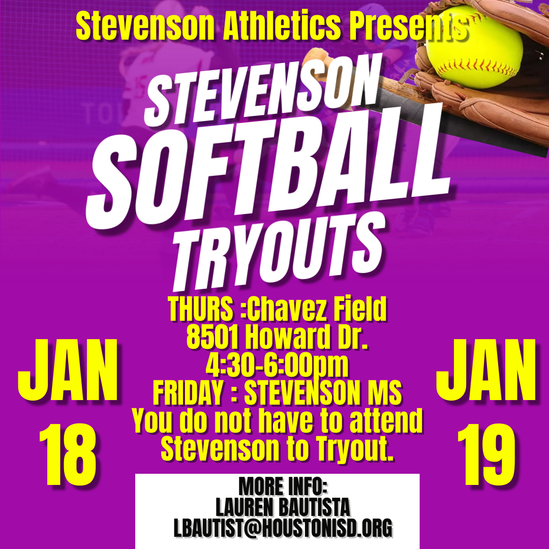 Brittany Zamora (@valkyriefit87) on Twitter photo Come try out for <a href="/WIStevensonMS/">Stevenson Dragons</a> Softball and Baseball 🥎tryouts. Check out the flyers for more details.
Have ❔❔ reach out to lbautist@houstonisd.org Come try out for <a href="/WIStevensonMS/">Stevenson Dragons</a> Softball and Baseball 🥎tryouts. Check out the flyers for more details.
Have ❔❔ reach out to lbautist@houstonisd.org