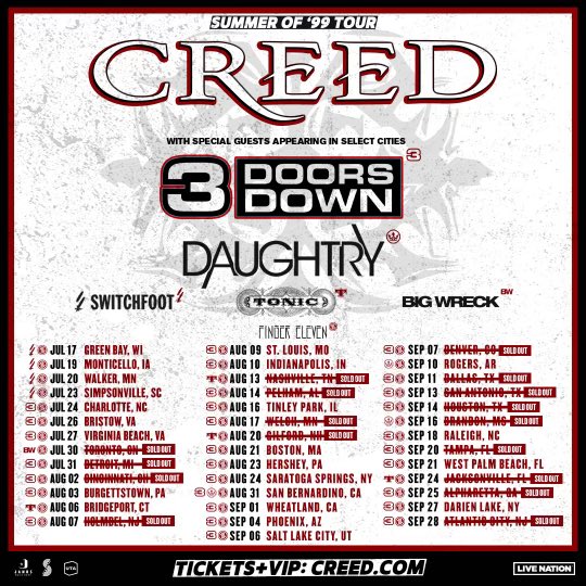 The shows are selling out fast 🤟🏼 Get your tickets and VIP upgrades while you can at Creed.com (link in bio) #creedreunion #creedband #summerof99tour