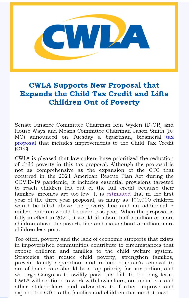 We strongly support Senate Finance Committee Chairman Ron Wyden's (D-OR) and House Ways and Means Committee Chairman Jason Smith's (R-MO) bipartisan, bicameral tax proposal that includes improvements to the #ChildTaxCredit. To read the full proposal: tinyurl.com/yc7jav37