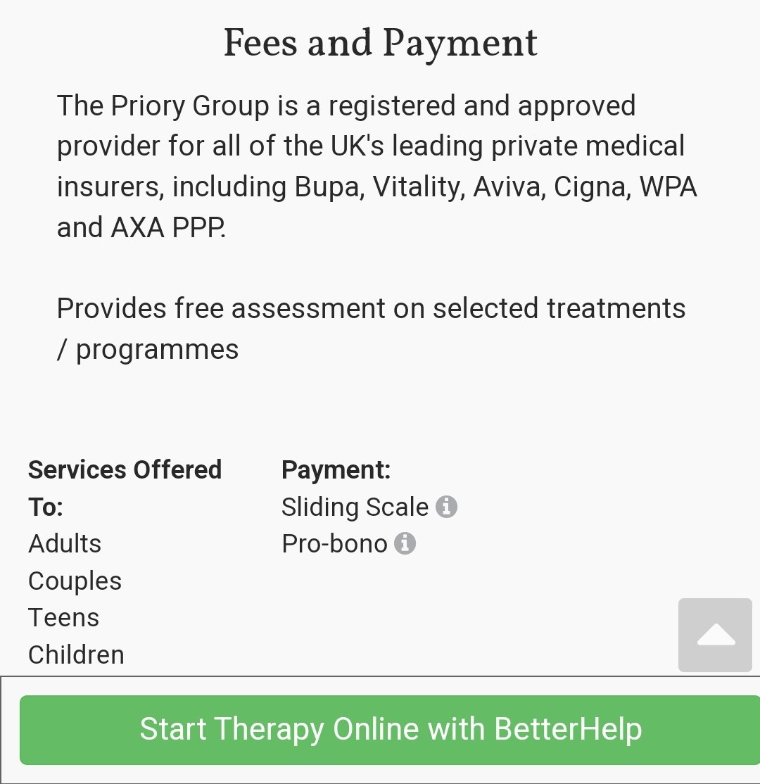 @prof_standards @CQCProf @The_HCPC @gmcuk @BACP @UK_Counsellors @ASWhittington @PhilJms @PrioryGroup @GoodLawProject @BACP is there any update on this? The links now been changed to a bar at the bottom of the page. Priory Health Care Counselling Agency - Start Therapy Online With BetterHelp opencounseling.com/united-kingdom…