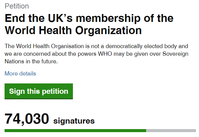 🚨🚨 PETITION End the UK’s membership of the World Health Organization Need 100,000 signatures. Open to UK citizens living anywhere. Please sign and RT 🔁 @thecoastguy @JamesMelville @MaajidNawaz @LozzaFox @ABridgen @Sargon_of_Akkad petition.parliament.uk/petitions/6486…