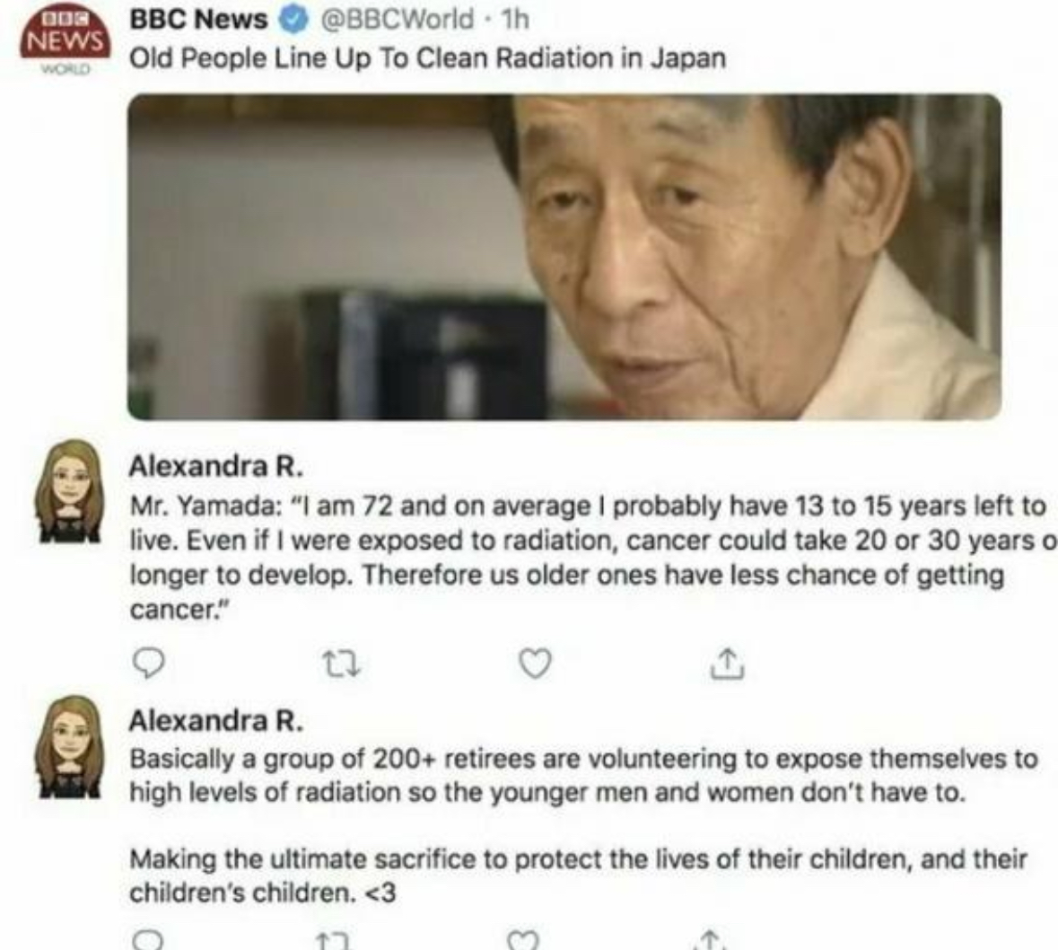 Japan's elder population is volunteering to help clean up radiation because they have less time to live anyway

This is what long term thinking generational thinking looks like in a society

Serious question: could you ever see American boomers doing something like this?