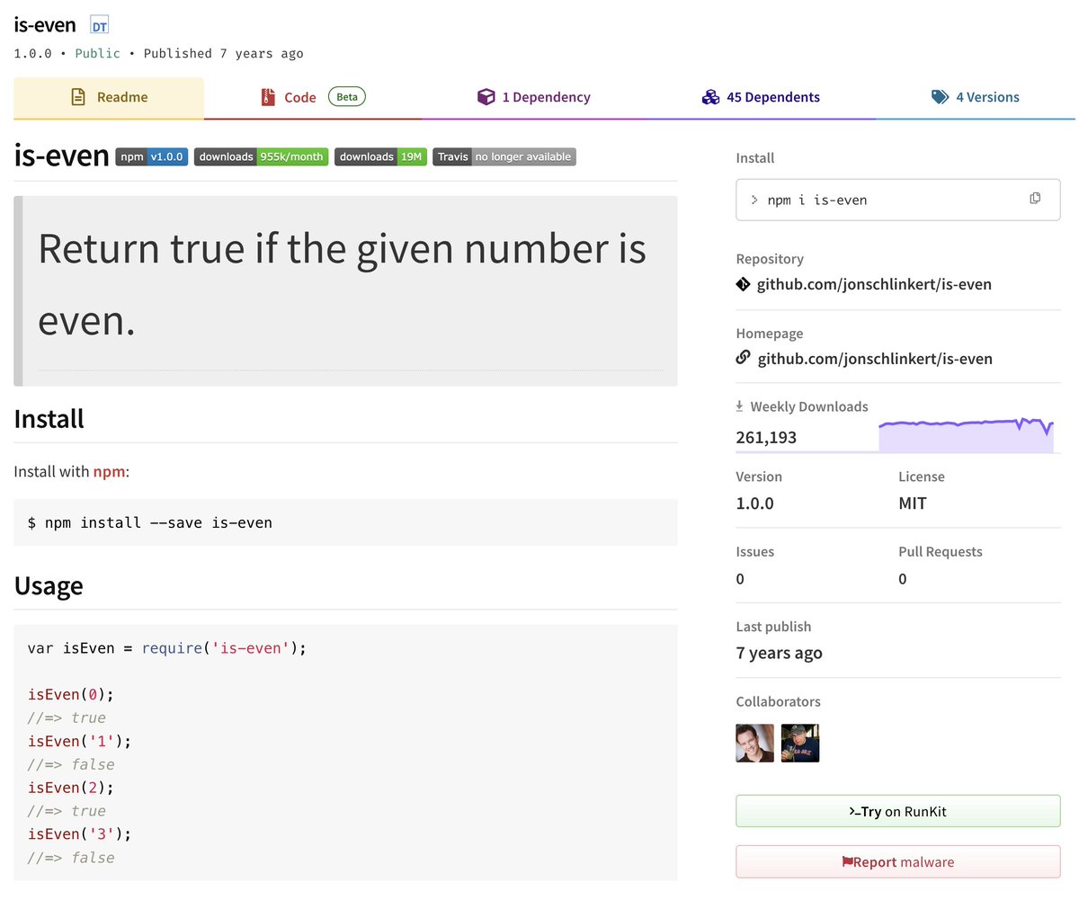 Can you believe we've reached a point in tech where a package named 'is-even' has millions of downloads? hey guys, there is this thing called the modulus operator, and it works JUST FINE