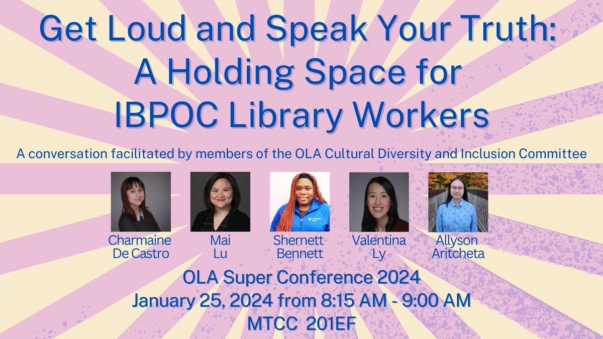 vly_lis's tweet photo. If you're an early bird, join us next week at #OLASC on Thursday, January 25th at 8:15am for an IBPOC conversation space with members of the   @ONLibraryAssoc Cultural Diversity and Inclusion Committee. https://t.co/UzpgM5pyv6