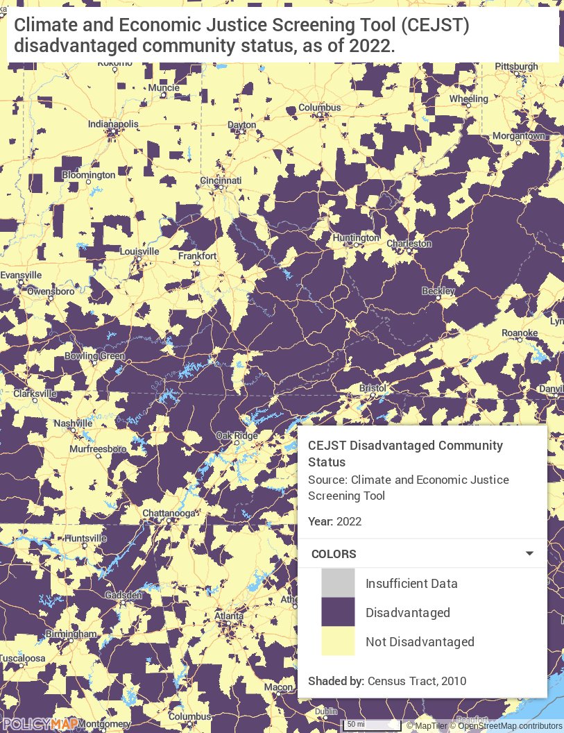 policymap's tweet image. Indicators on disadvantaged communities from the Climate and Economic Justice Screening Tool (CEJST) have been added to PolicyMap. 
This data can be found in the Federal Guidelines menu. #SocialDeterminantsOfHealth #DataDrivenInsight