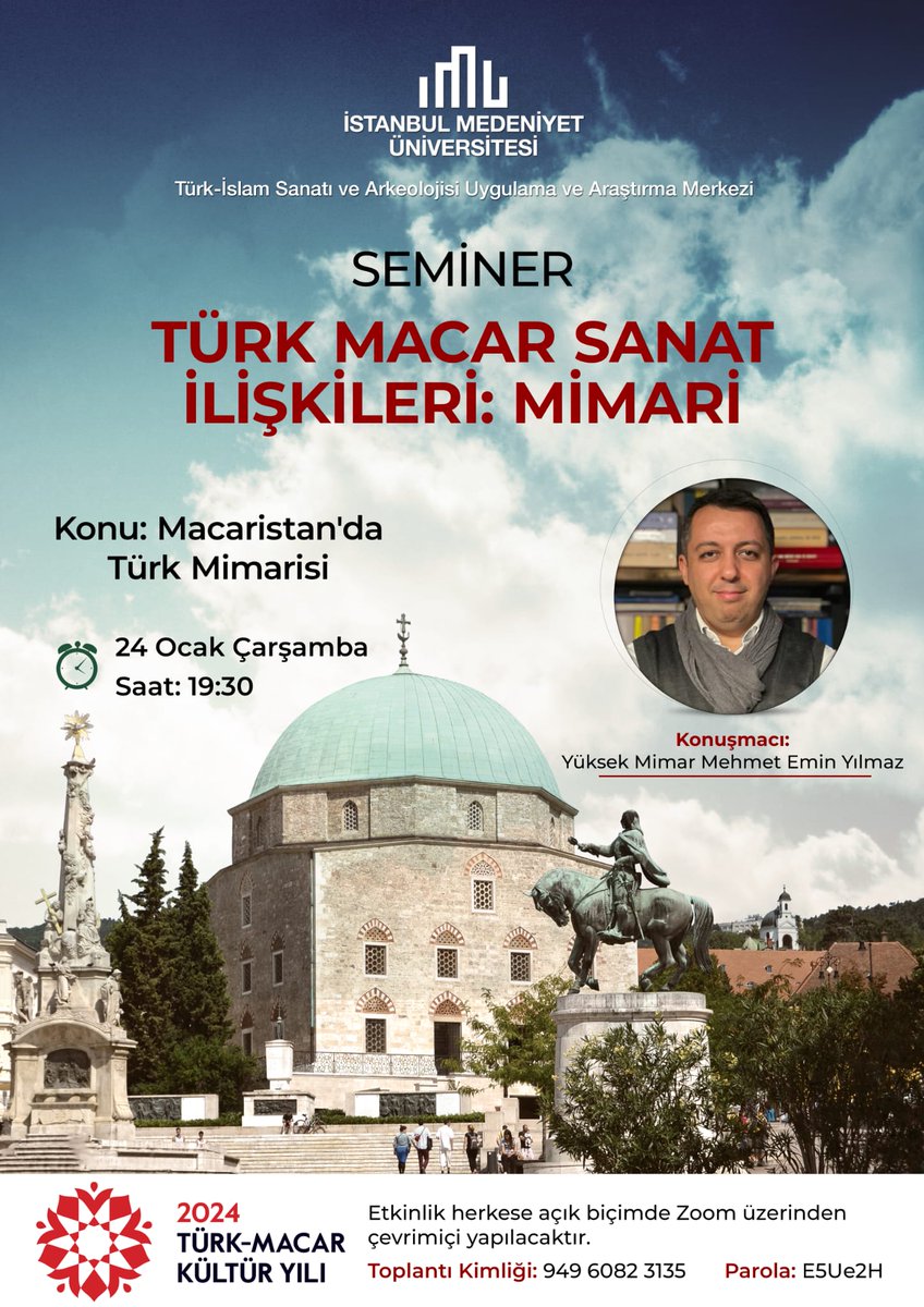 🇹🇷 💯 🇭🇺
2024 Türk Macar Kültür Yılı'nda; Macaristan'daki Osmanlı mimari eserlerini, İstanbul Medeniyet Üniversitesi'nin çevrimiçi seminerinde anlatacağım. Türk mimarisine ilgi duyanları bekleriz efendim.

@istmedeniyet
@mtkulturyili
#TürkMacarKültürYılı
#MacarTürkKültürYılı