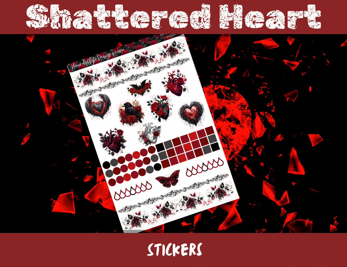 New sets on the site! Shattered Heart just in time for Valentine's. Available in Erin Condren, Happy Planner, Plum Paper, Hobonichi Cousin & Heather's samp formats. houndsflytedesigns.etsy.com #plannerstickers #goth #erincondren #happyplanner #hobocousin #hobonichicousin #plumplanner