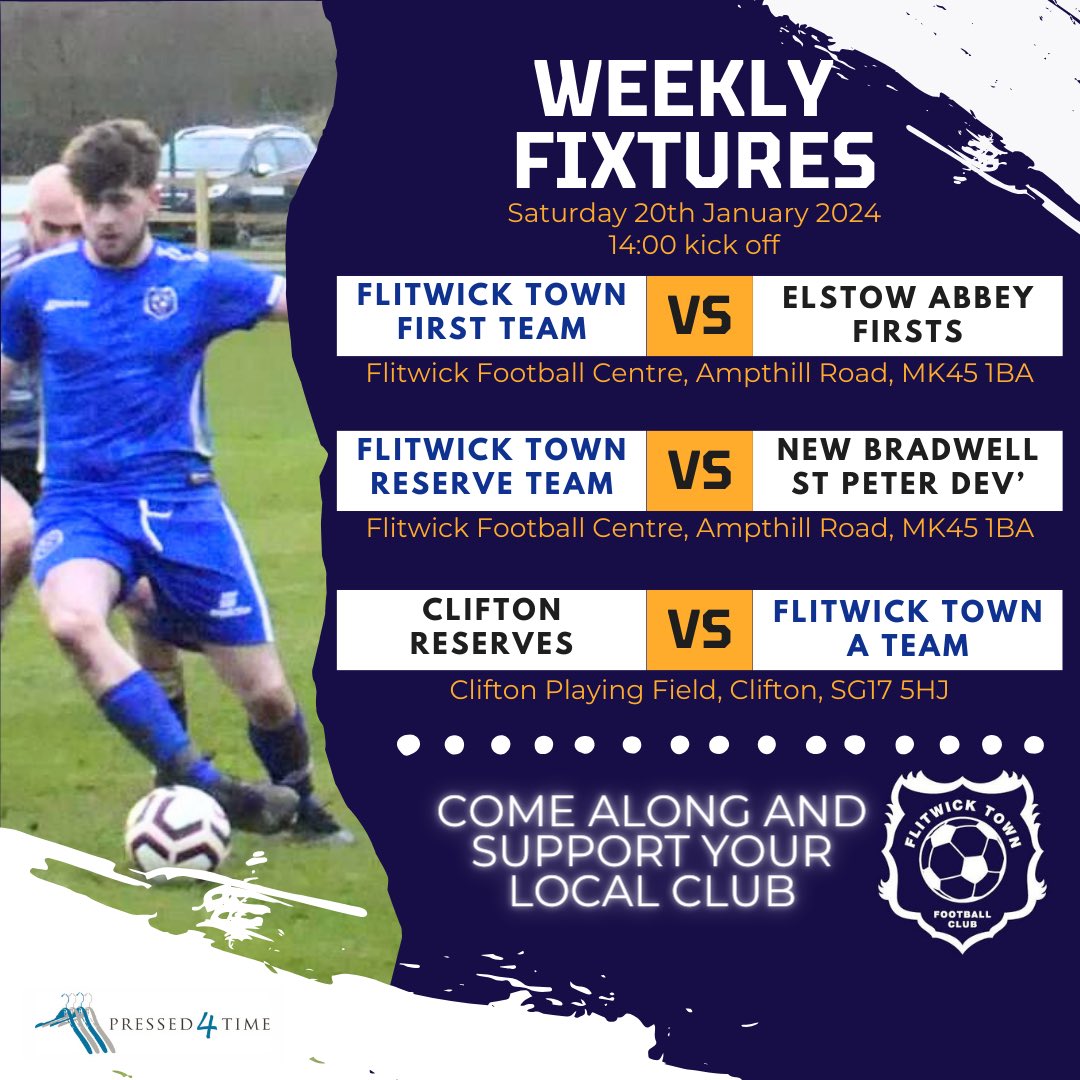 Here’s your Flitwick Town weekly fixtures 

The First Team host <a href="/ElstowAbbeyFC/">Elstow Abbey FC</a> in the Senior Trophy Quarter Final

The Reserve Team are also at home as they host New Bradwell St Peter Dev’ in the league.

The A Team are also in County Cup action as they face to Clifton Reserves