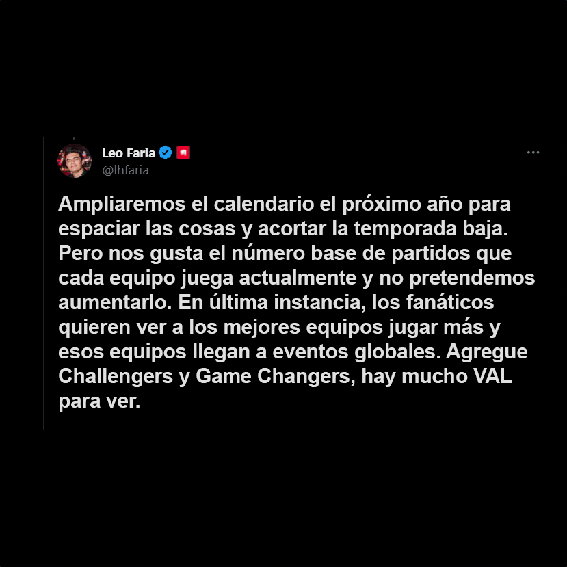 OJO: En 2024 las ligas VCT se separarán en 2 grupos para jugar sólo 5 partidos de fase regular en cada split.

Así lo confirma Leo Faria, head of esports de Valorant, quién indica que "les gusta el número base de partidos". Puede haber equipos que jueguen 12 en TODO el año 🤦