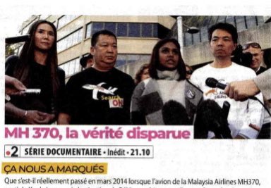 #LesMediasenParlent 

MH370, LA VÉRITÉ DISPARUE 
Série documentaire 
Réalisée par <a href="/BenoitBringer/">Benoît Bringer</a> 

🖊️A lire dans <a href="/humanite_fr/">L'Humanité</a> <a href="/SocietyOfficiel/">Society et Society+</a> <a href="/Tele7jours/">Télé 7 Jours</a> <a href="/TeleLoisirs/">Tele-Loisirs.fr</a> 

▶️Mardi 23/01 à 21.10 sur #France2 | france.tv