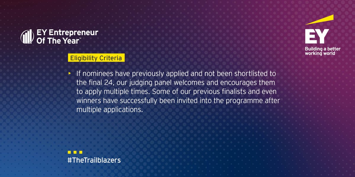 EOY Ireland (@eoyireland) on Twitter photo Are you eligible to enter the EY Entrepreneur Of The Year Ireland programme? We are now accepting nominations for EOY 2024 🎉
Nominate now or find out more here - eoy.ie
#EOYIreland2024 #TheTrailblazers
<a href="/juliusbaer/">Julius Baer</a> <a href="/InvestNI/">Invest NI</a> <a href="/Entirl/">Enterprise Ireland</a> <a href="/NewstalkFM/">NewstalkFM</a> <a href="/IrishTimes/">The Irish Times</a> Are you eligible to enter the EY Entrepreneur Of The Year Ireland programme? We are now accepting nominations for EOY 2024 🎉
Nominate now or find out more here - eoy.ie
#EOYIreland2024 #TheTrailblazers
<a href="/juliusbaer/">Julius Baer</a> <a href="/InvestNI/">Invest NI</a> <a href="/Entirl/">Enterprise Ireland</a> <a href="/NewstalkFM/">NewstalkFM</a> <a href="/IrishTimes/">The Irish Times</a>