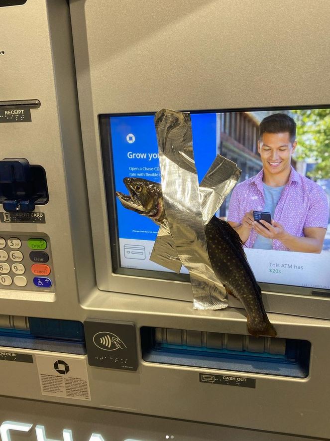 KSL5TV's tweet photo. It's o-fish-al, police have found and charged a 17-year-old for the fishy crimes of taping fish to ATMs. 

READ MORE: https://t.co/t65Xzp6LnO https://t.co/1JPFcgLyNJ