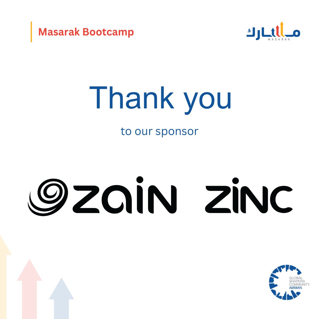 🌐 Gratitude to our esteemed sponsors, Zain Jo and Zinc, for their invaluable support at the Masarak Bootcamp. Your contributions are pivotal in empowering the youth of Jordan. 🤝Thank you for your collaboration in shaping a better world🌍 #Zain #zinc #MasarakBootcamp #Jordan