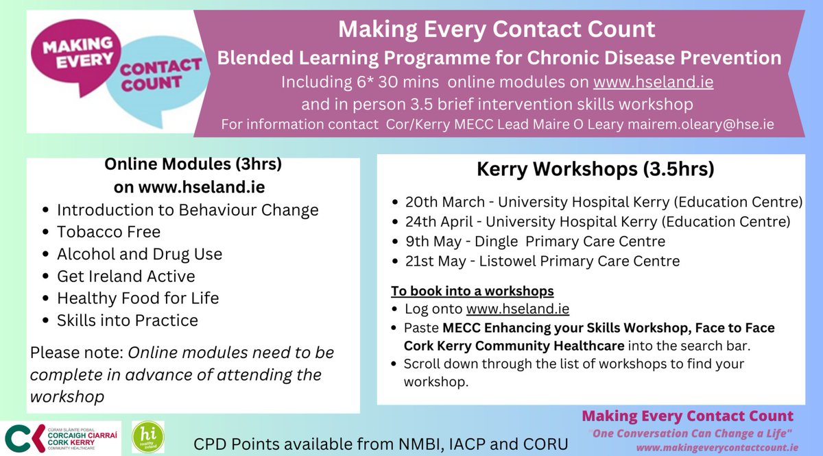 Kerry, Cork, West Cork, North Cork we have a workshop for you as part of our Making Every Contact Count blended learning programme. Looking forward to meeting lots of @CorkKerryCH and @sswhg_hse staff in 2024