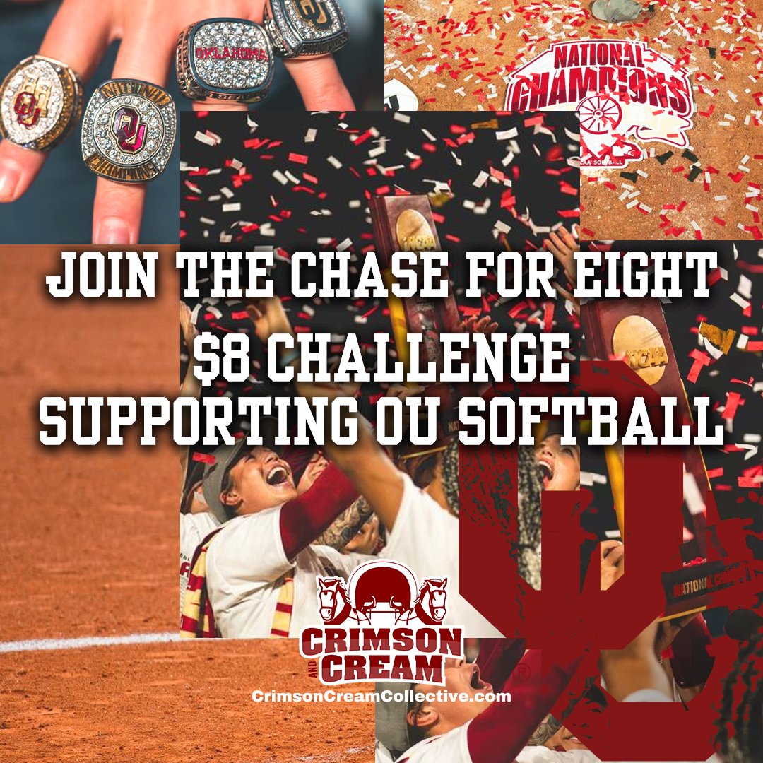 Support @ou_softball in the Chase for Eight - $8 Challenge! Help the Reigning National Champions secure their EIGHTH National Title🏆 & FOURTH in a row! Contribute $8 for a chance to win an autographed softball🥎 Details⬇️ bit.ly/Chase-For-Eight @TotallyTickets will match the…