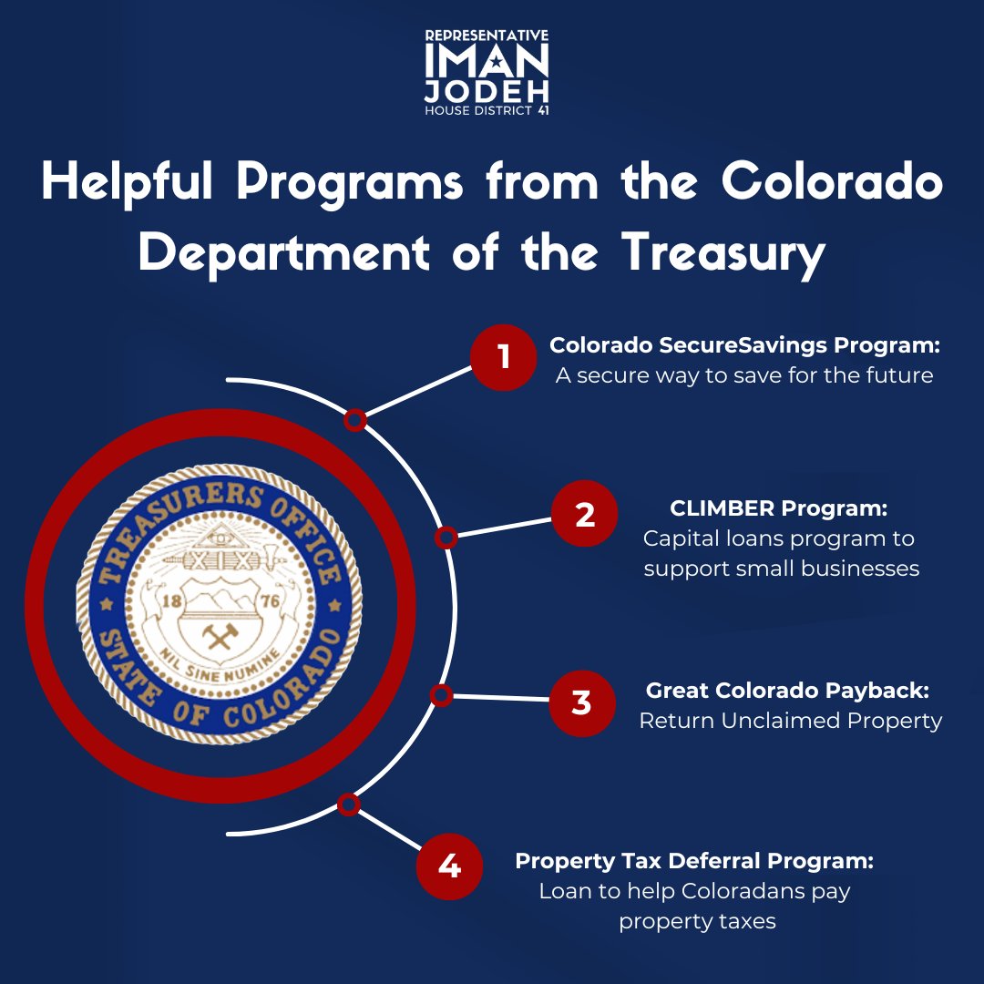 Here are some helpful resources from the Colorado Department of the Treasury: Colorado SecureSavings Program: coloradosecuresavings.com CLIMBER Program: climber-colorado.com Great Colorado Payback: colorado.findyourunclaimedproperty.com Property Tax Deferral Program: colorado.propertytaxdeferral.com/home