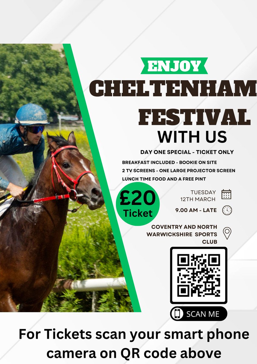 Cheltenham Day one Tickets are now LIVE 🏇🏇
Get your tickets here skiddle.com/e/37260334. Day One (Tue 12 March) Ticket only event at Club 
➡️- £20 per ticket
Includes breakfast, Afternoon Food and free Pint 🍺
Bookie will be on site,
2 large TV's and large projector screen 📺
