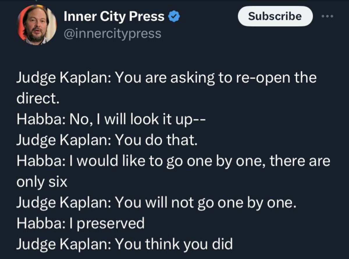 Judge Kaplan is literally teaching Evidence 101 at Kaplan Law School to a class of one that includes Trump's lawyer, Alina Habba. Brutal.