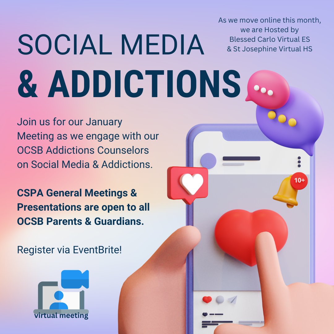 Join us virtually Jan31st for our next Mtg. Hosted by <a href="/CarloOCSB/">Blessed Carlo Virtual School</a> <a href="/JosephineOCSB/">St. Josephine Virtual High School</a> All <a href="/OttCatholicSB/">Ottawa Catholic School Board</a> Fams welcome! We'll be engaging w/our <a href="/AddictionsOCSB/">Addiction Counsellors</a> on Social Media &amp; Addictions this month. <a href="/ocsbSEAC/">OCSB SEAC</a> <a href="/OttCatholicSB/">Ottawa Catholic School Board</a> <a href="/slackt/">Tim Slack</a> <a href="/EhoroPrince/">Prince Ehoro</a> Register: OttawaCSPA.eventbrite.com