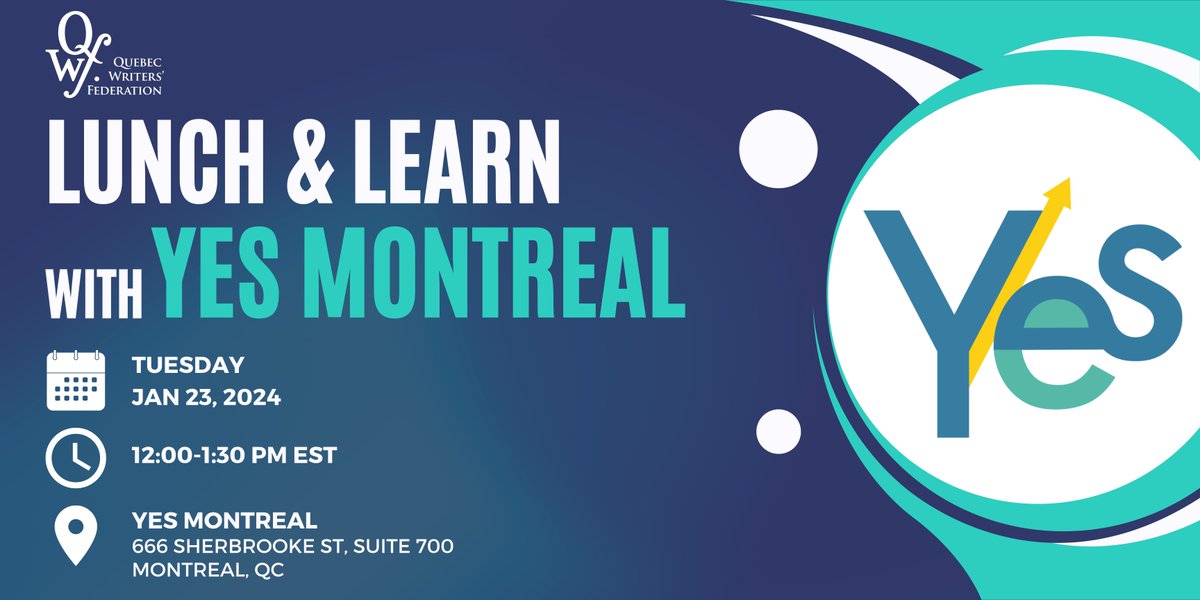 Are you a writer looking to make a living out of your craft? Come to our free #LunchAndLearn with @YESMontreal ! Join us online or in person at YES's office. Follow the link to learn more and RSVP: qwf.org/event/lunch-an…