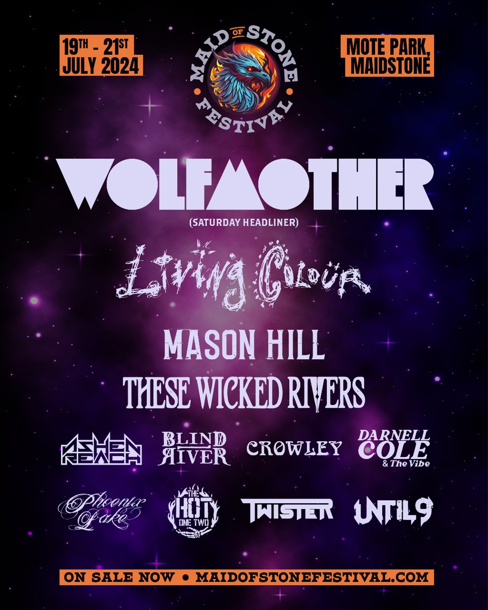 🔥🔥 2ND LINEUP ANNOUNCEMENT  🔥🔥

WOLFMOTHER
LIVING COLOUR
MASON HILL
THESE WICKED RIVERS
PHOENIX LAKE
ASHEN REACH
BLIND RIVER
CROWLEY
DARNELL COLE &amp; THE VIBE
THE HOT ONE TWO
TWISTER
UNTIL 9

maidofstonefestival.com

#rockfestivals #mos24 #ukrockmusic