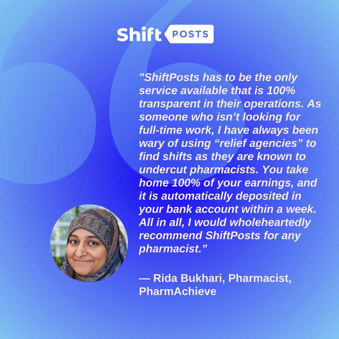 Thanks for the review, Rida! We're glad you love ShiftPosts as much as we do! 

#clienttestimonial #pharmacyapp #ShiftPostsreview #ShiftPosts #pharmacywork #shiftwork