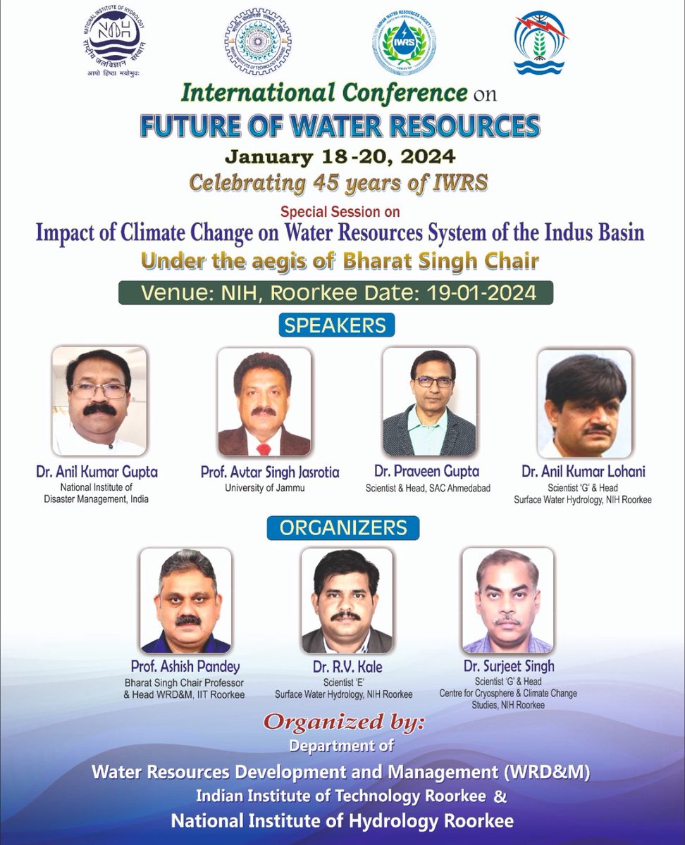Day 2: Special Session on

Impact of Climate Change of Water Resources System of Indus Basin
Under the agis of Bharat Singh Chair
Venue: NIH Roorkee (14:30 - 16:00)
Keynote talks by
1. Praveen Kumar Gupta
2. Anil K Gupta
3. Dr. Anil Kumar Lohani
4. Avtar Singh Jasrotia
#ICFWR2024