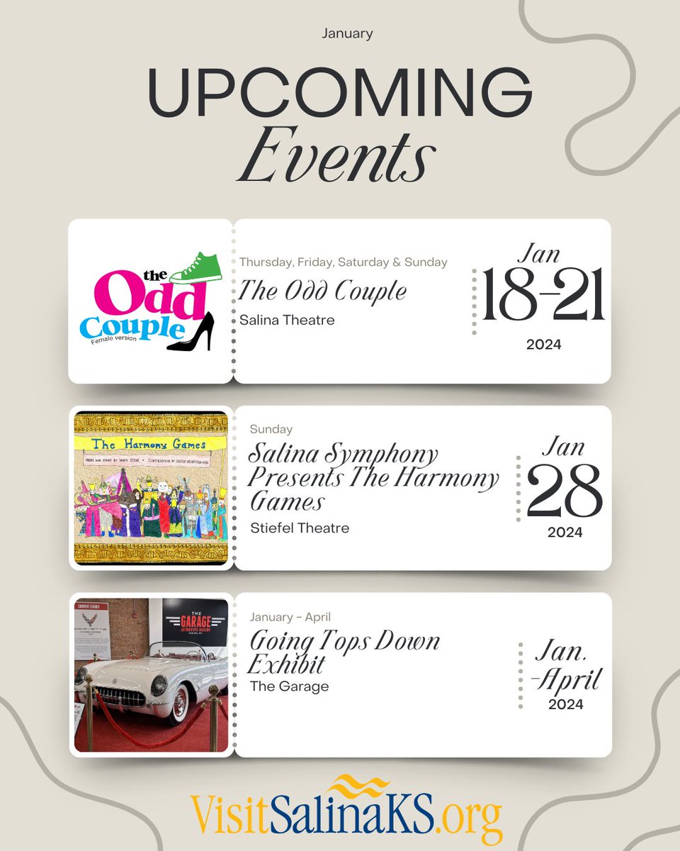 Visit Salina (@visitsalina) on Twitter photo Upcoming events you don't want to miss!
📷 The Odd Couple at Theatre Salina
📷 Salina Symphony Presents The Harmony Games at <a href="/stiefeltheatre/">The Stiefel Theatre in Salina, KS</a>
📷 Going Tops Down at The Garage
You can find more information on our website at SalinaKansas.org Upcoming events you don't want to miss!
📷 The Odd Couple at Theatre Salina
📷 Salina Symphony Presents The Harmony Games at <a href="/stiefeltheatre/">The Stiefel Theatre in Salina, KS</a>
📷 Going Tops Down at The Garage
You can find more information on our website at SalinaKansas.org