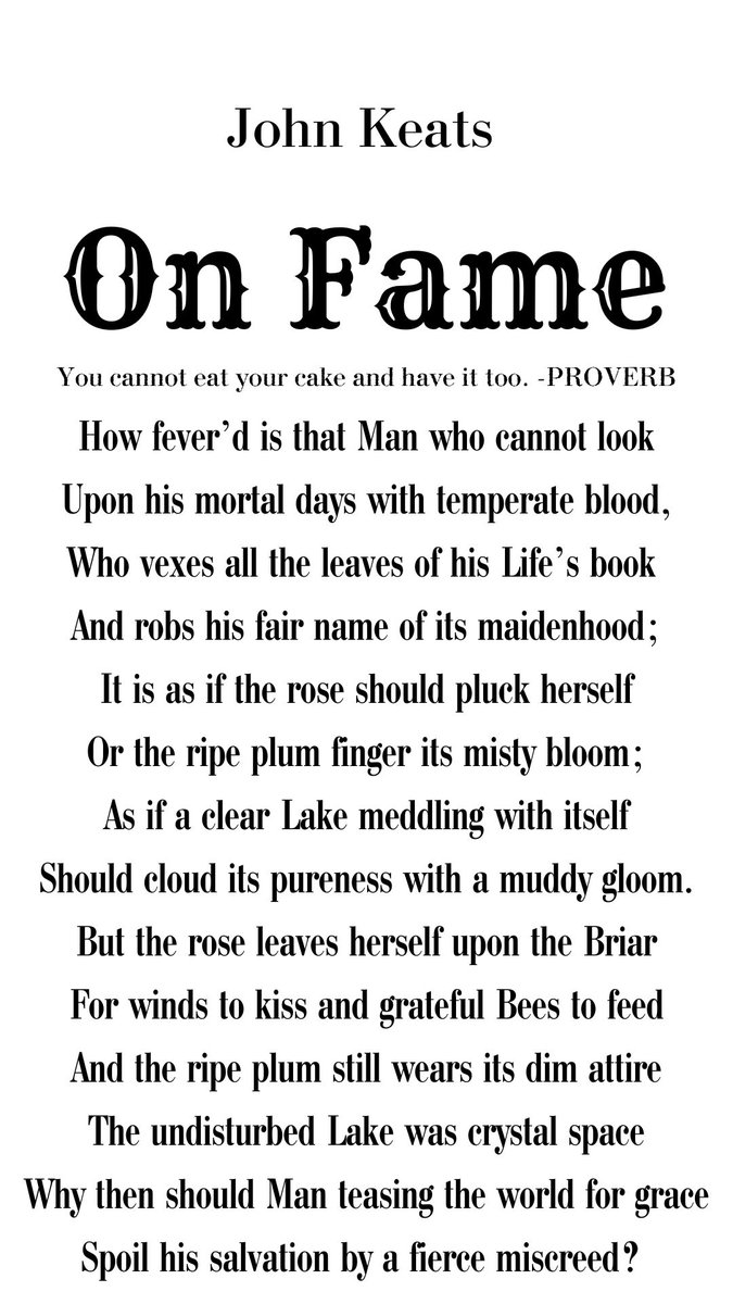 Poetry_Day_9's tweet photo. On Fame

John Keats

#poetrycommunity #PoetryShare #Poetry #poetrylovers #poetrytwitter #poetrybook #poet #POEMS #twitterpoem #twitterpoetry #writing #WritingLife #writerslift #WritingCommunity #OnFame #JohnKeats #BookTwitter #booktwt #booktwt #books #Reading #Proverb https://t.co/VbjVkCQzFf