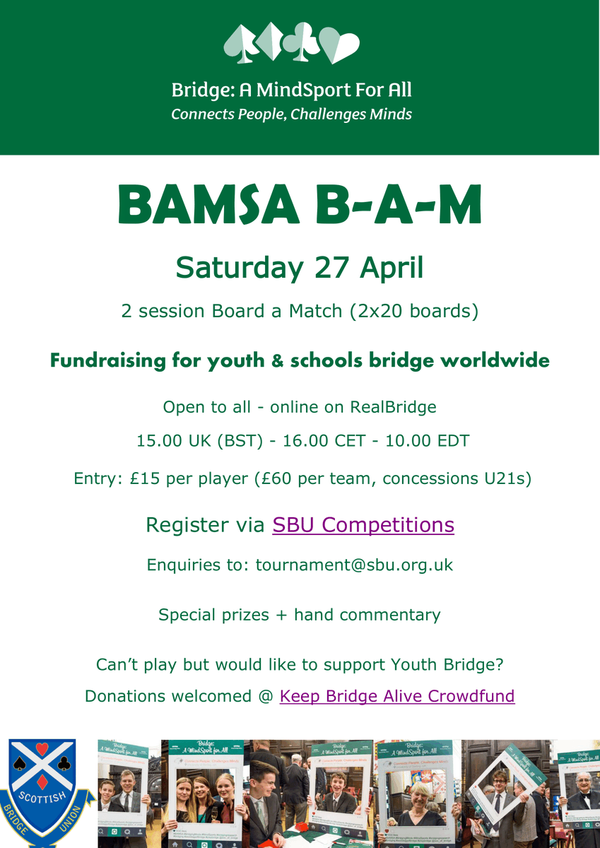 Enter a bridge team for the BAMSA BAM youth and school bridge fundraiser! Plse RT #mindsporteducation
<a href="/ACBLbridge/">ACBL Bridge</a> <a href="/EBUAylesbury/">English Bridge Union</a> <a href="/Wbcbridgeclub/">Wimbledon Bridge Club</a> <a href="/RichmondBridge5/">Richmond Bridge Club ♥️♣️</a> <a href="/EBEDCharity/">English Bridge Education & Development</a> 

sbu.org.uk/competitions/e…
