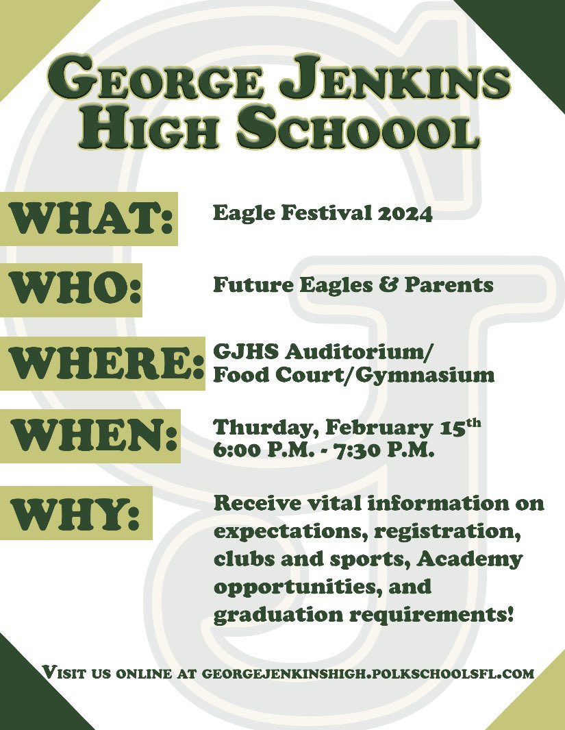 The 2024 version of Eagle Fest will take place Thursday, February 15th! This is open to all 8th graders (and families) who are planning to attend GJHS next school year.