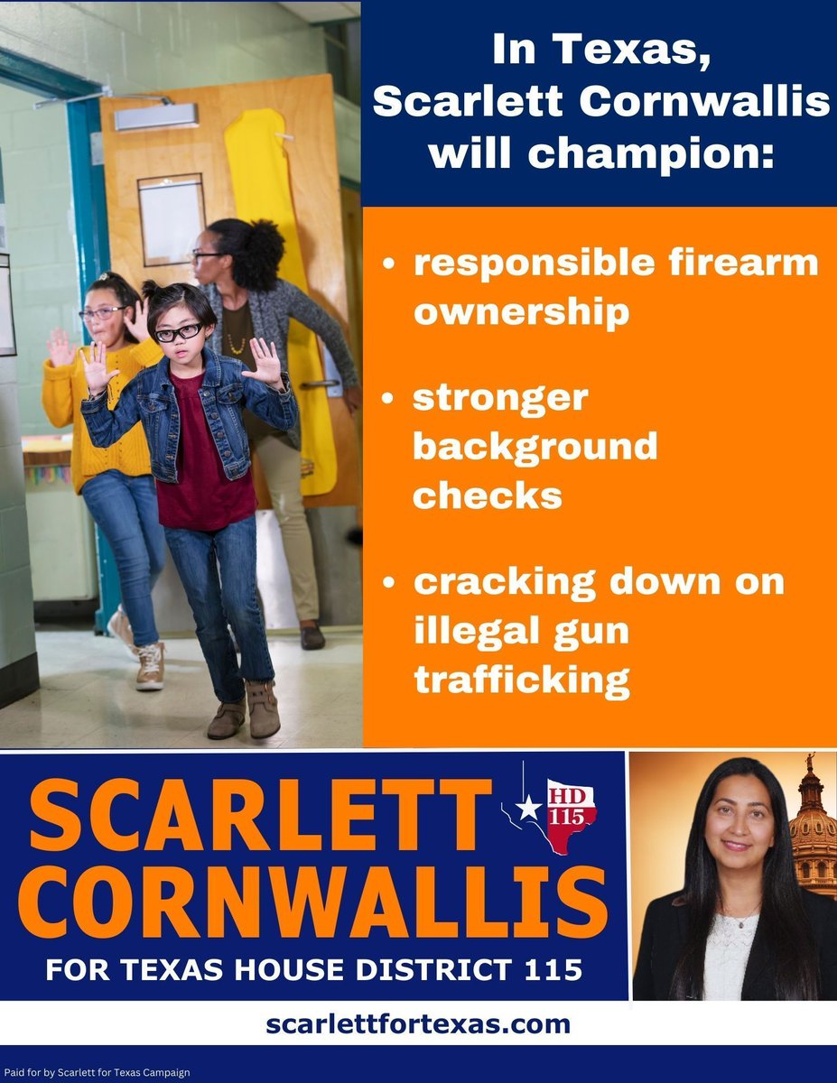 🔐Scarlett Cornwallis is committed to public & gun safety for our community! She advocates for stronger background checks, responsible firearm ownership, and cracking down on illegal gun trafficking. Let's support her in making our neighborhoods safer. #txlege #GunSafety #HD115